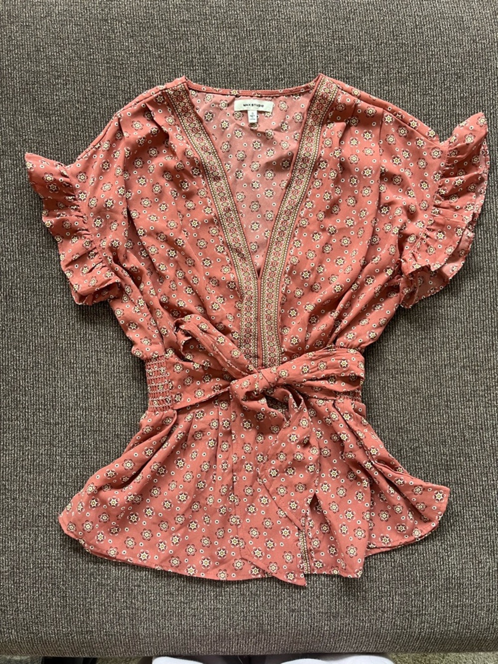 Max Studio Rust Floral Blouse with Tie Waist